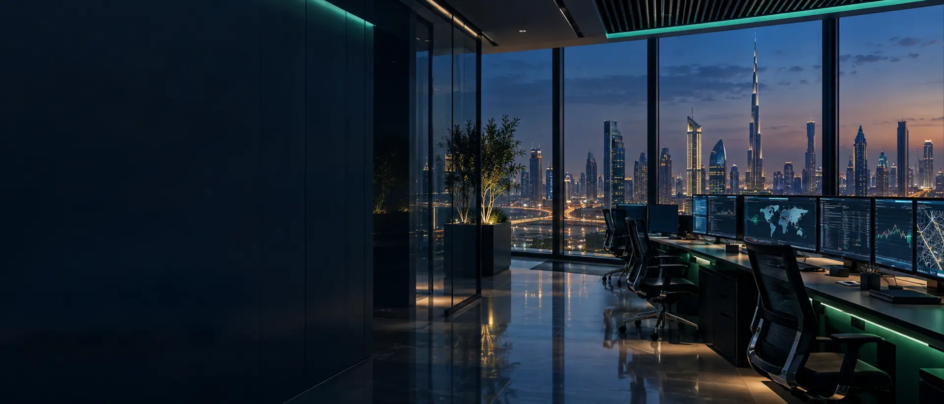 Modern technology operations office overlooking the Dubai skyline