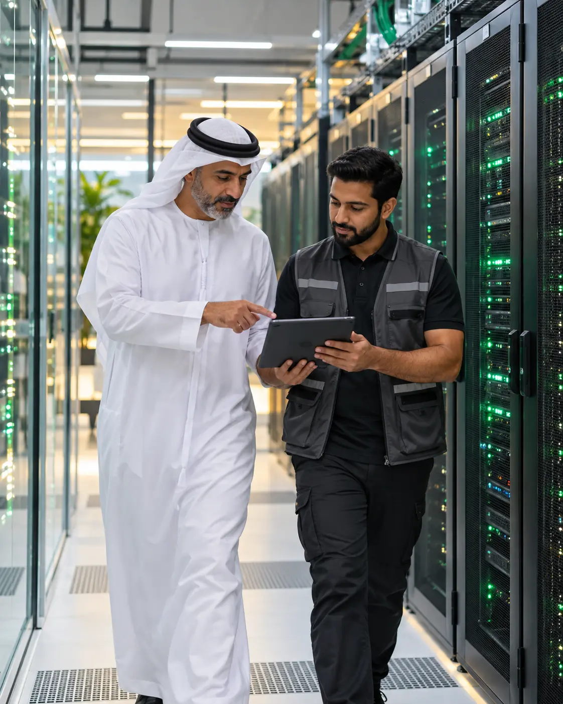 QiamTech technology leader and infrastructure engineer reviewing enterprise systems