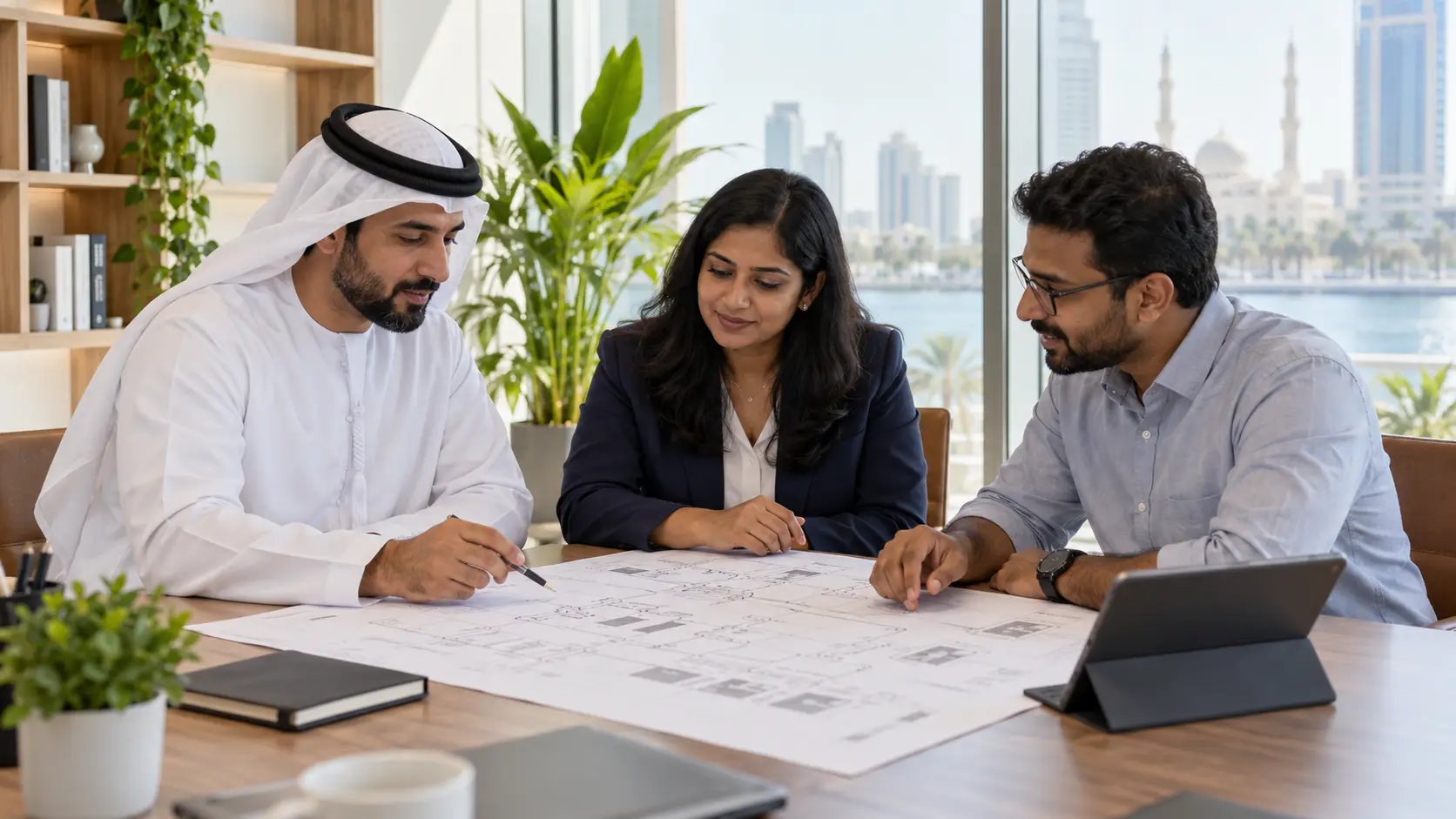 Technology consultants planning an enterprise implementation in a bright UAE office