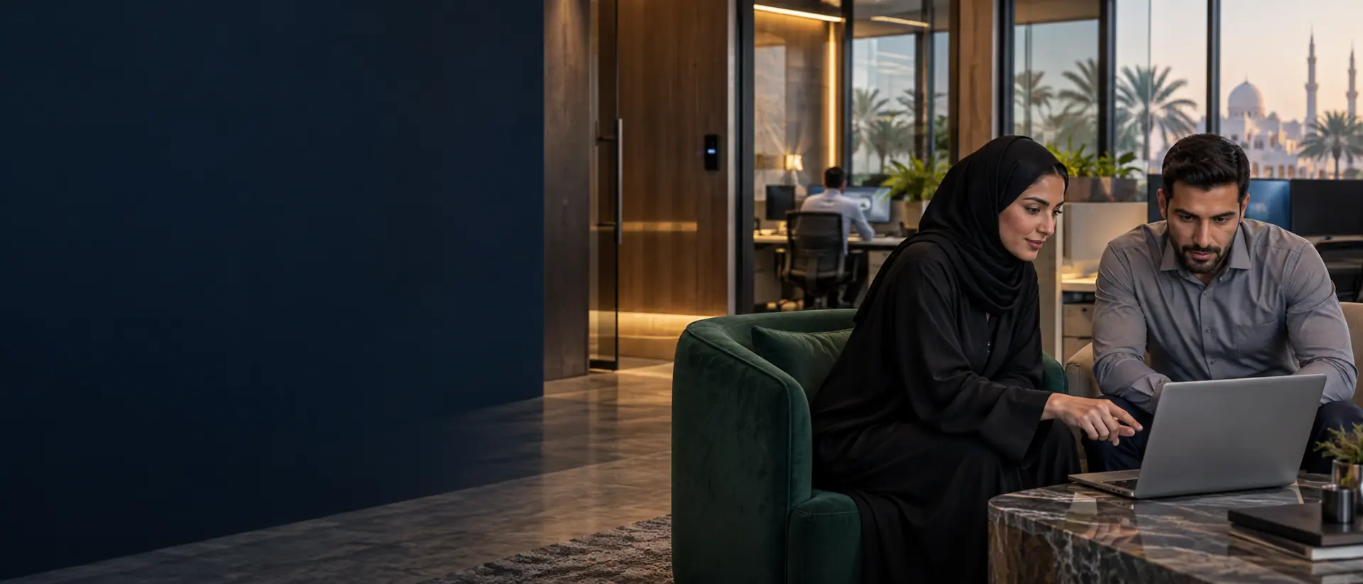Professionals collaborating in a secure hybrid office