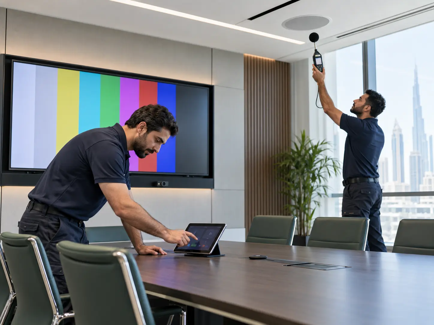 AV installers calibrating conference room systems