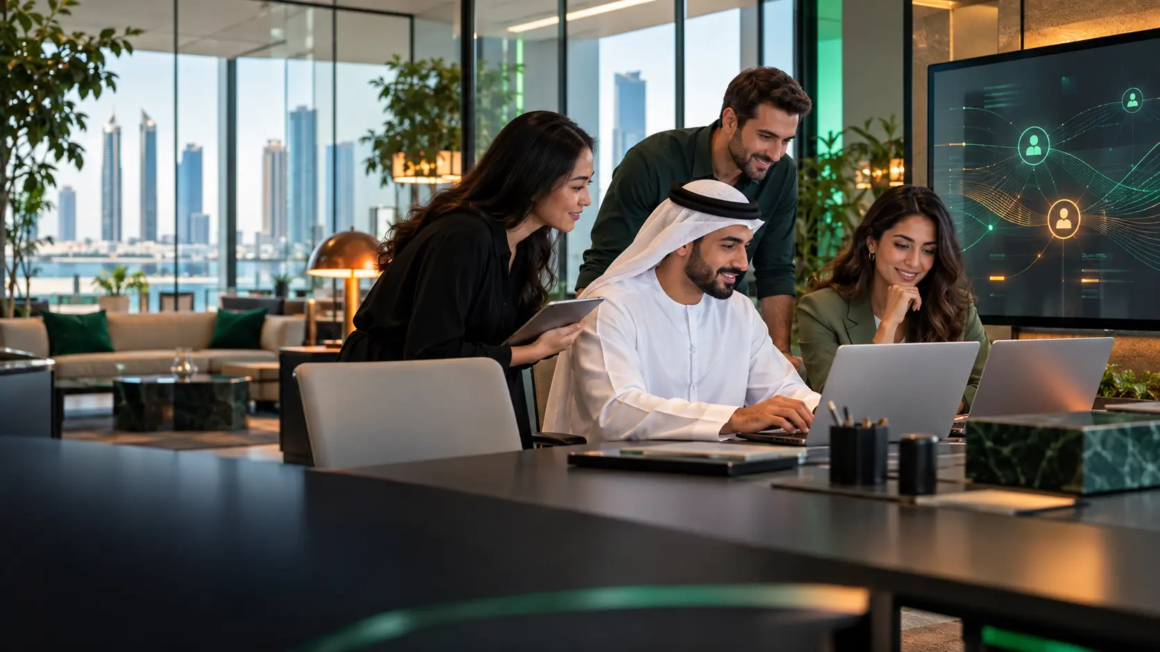 UAE enterprise team collaborating in a secure hybrid workspace