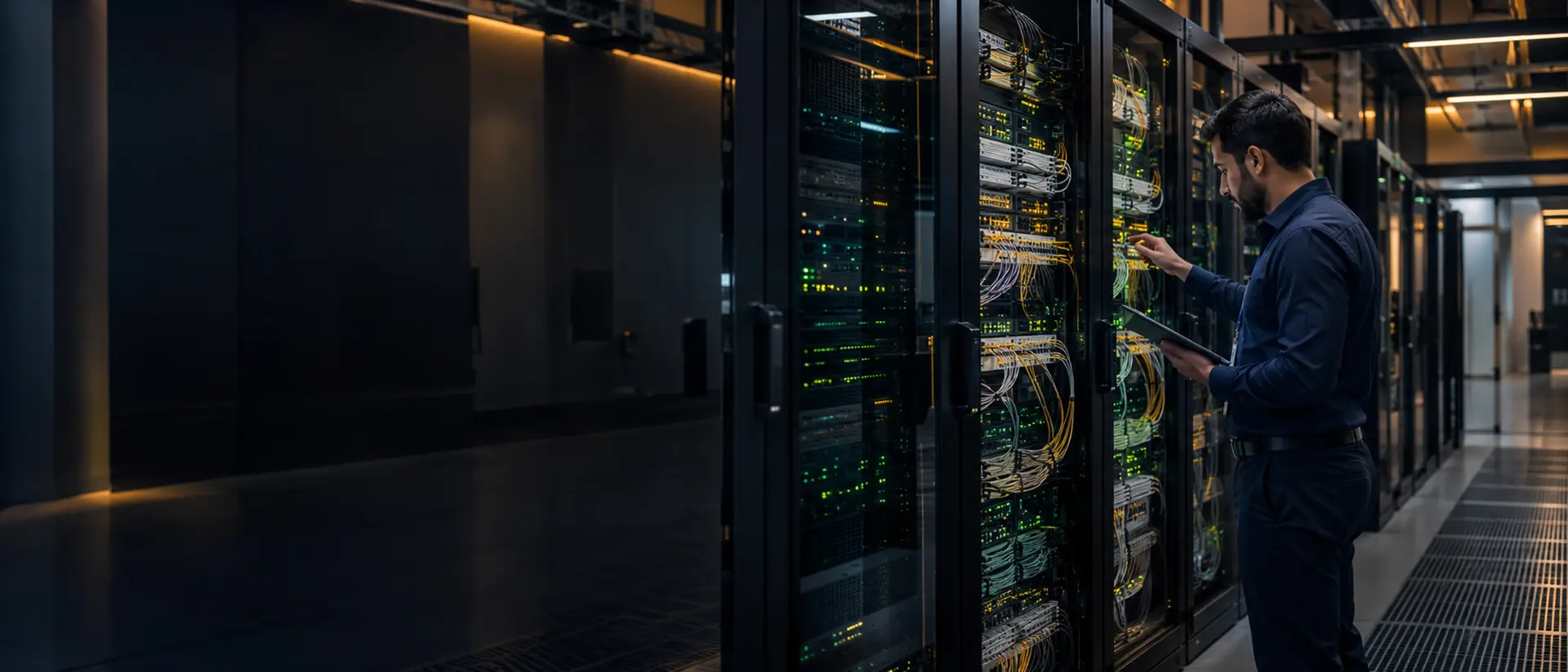 Engineer inspecting enterprise network and server infrastructure